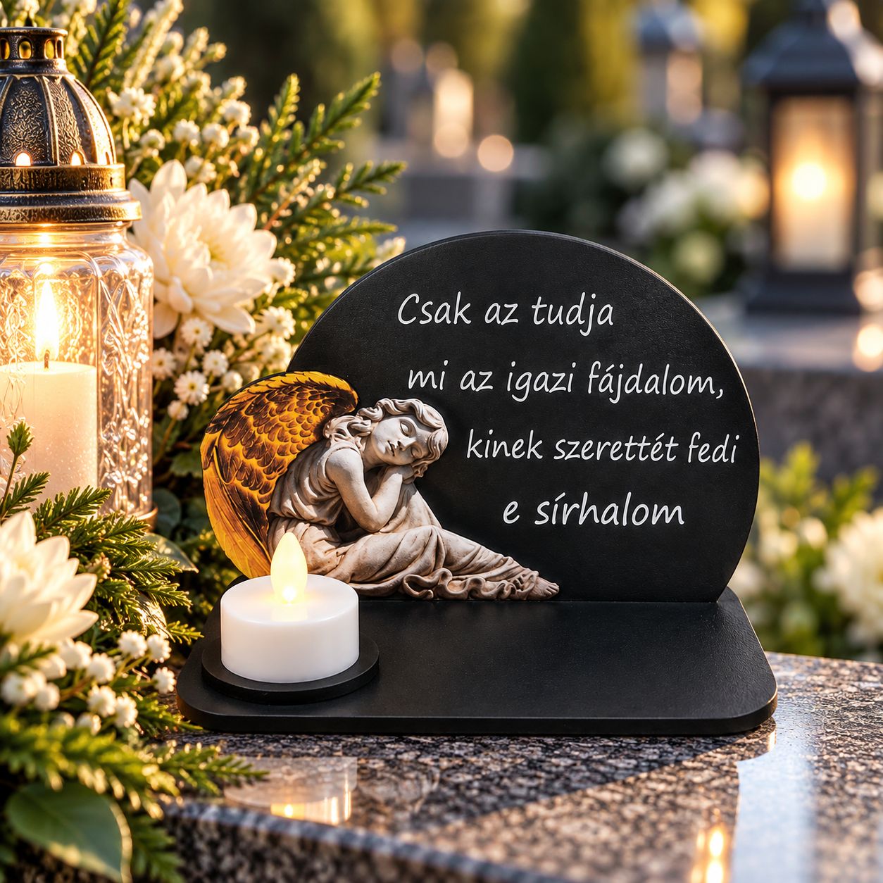 Talpas fa kegyeleti dísz angyallal 16 × 11 cm – többféle