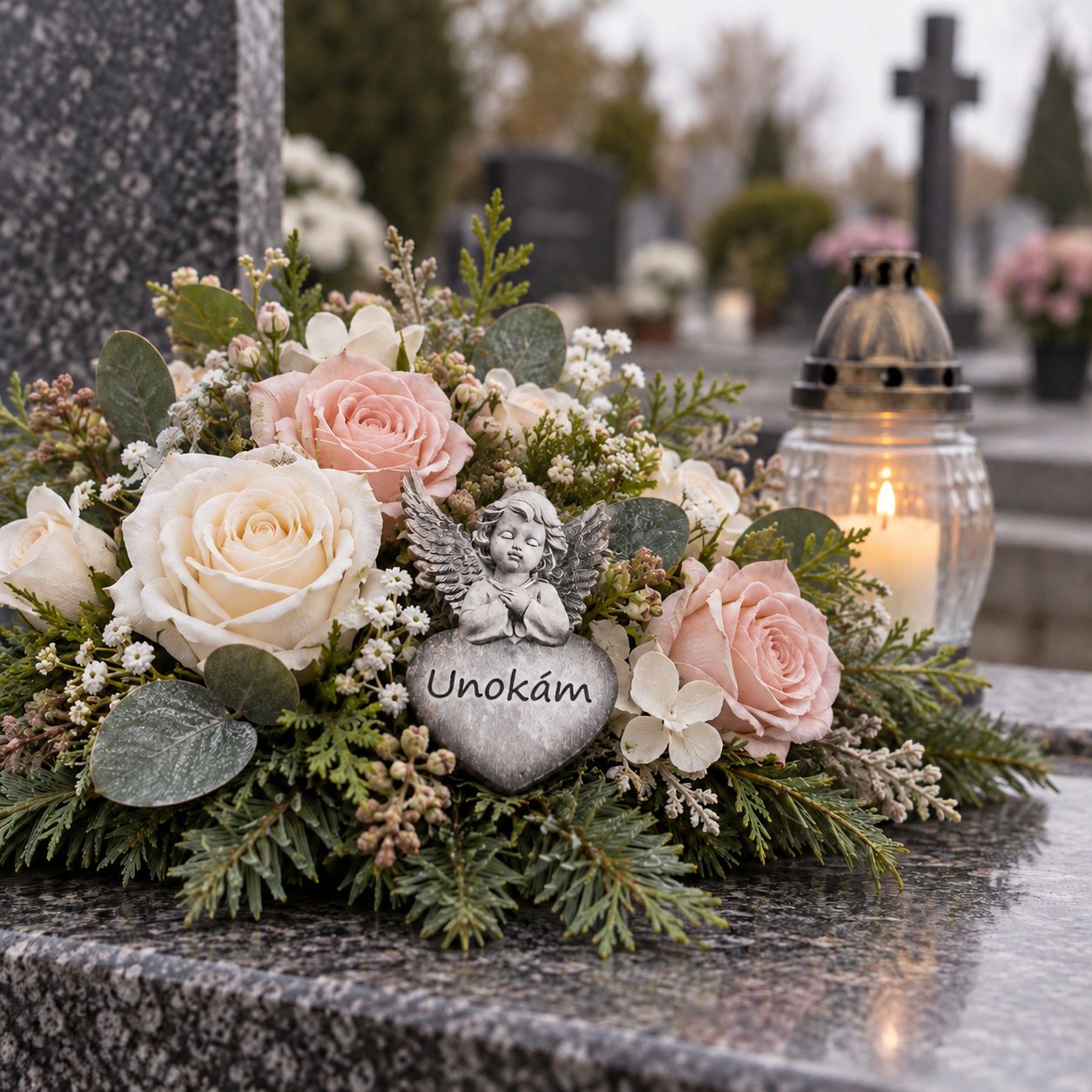 Angyal szívecskén, kőhatású kegyeleti dísz – többféle felirattal, 5 × 7,5 cm Angyal szívecskén, kőhatású kegyeleti dísz – többféle felirattal, 5 × 7,5 cm