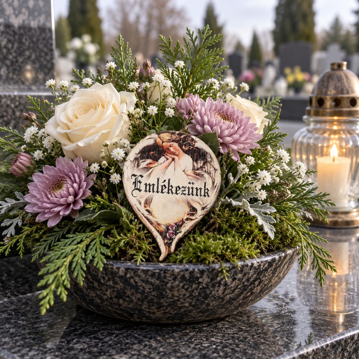 Szárnyából szívet formáló angyal „Emlékezünk” felirattal – fa dísz, 6 × 5 cm Szárnyából szívet formáló angyal „Emlékezünk” felirattal – fa dísz, 6 × 5 cm