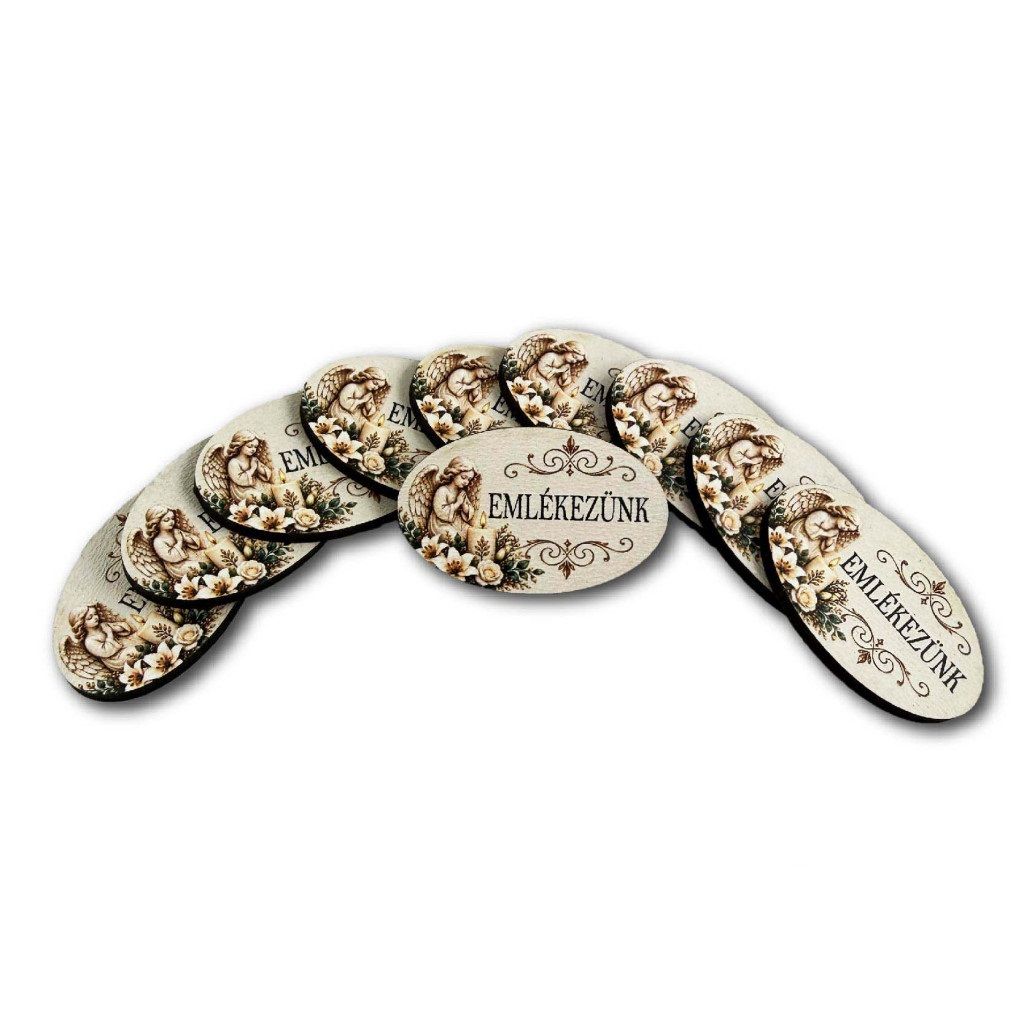 Kis angyalos kegyeleti biléta „Emlékezünk” felirattal – 2,5 × 4 cm