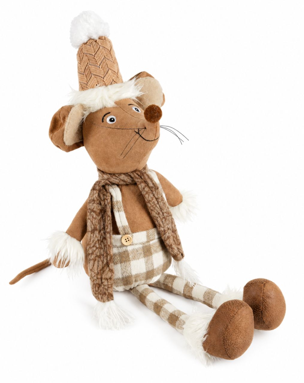 Textil egér lógó lábbal, barna kockás ruhában, 56 cm