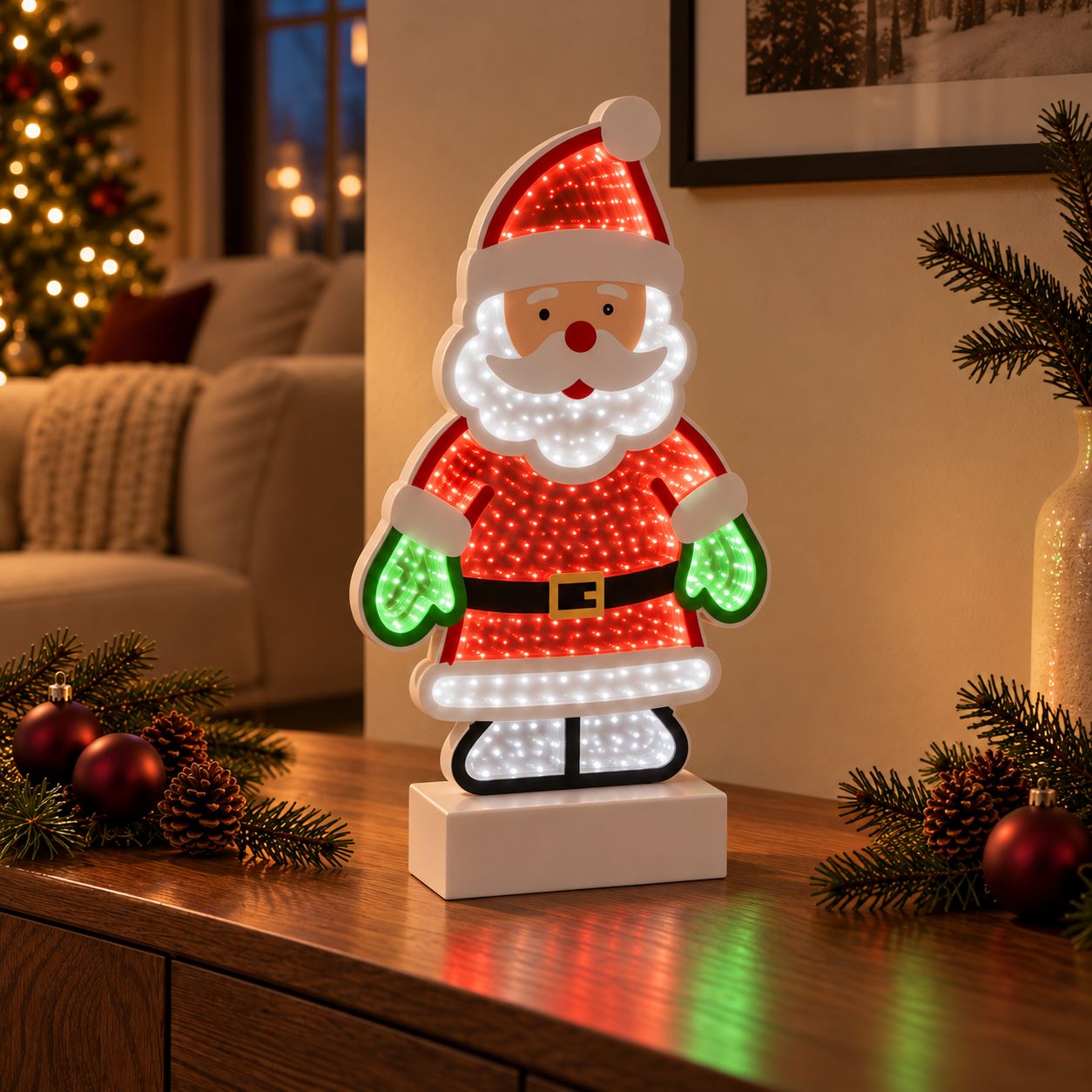 LED Mikulás dekoráció 3D tükörhatással, elemes, 28 cm LED Mikulás dekoráció 3D tükörhatással, elemes, 28 cm