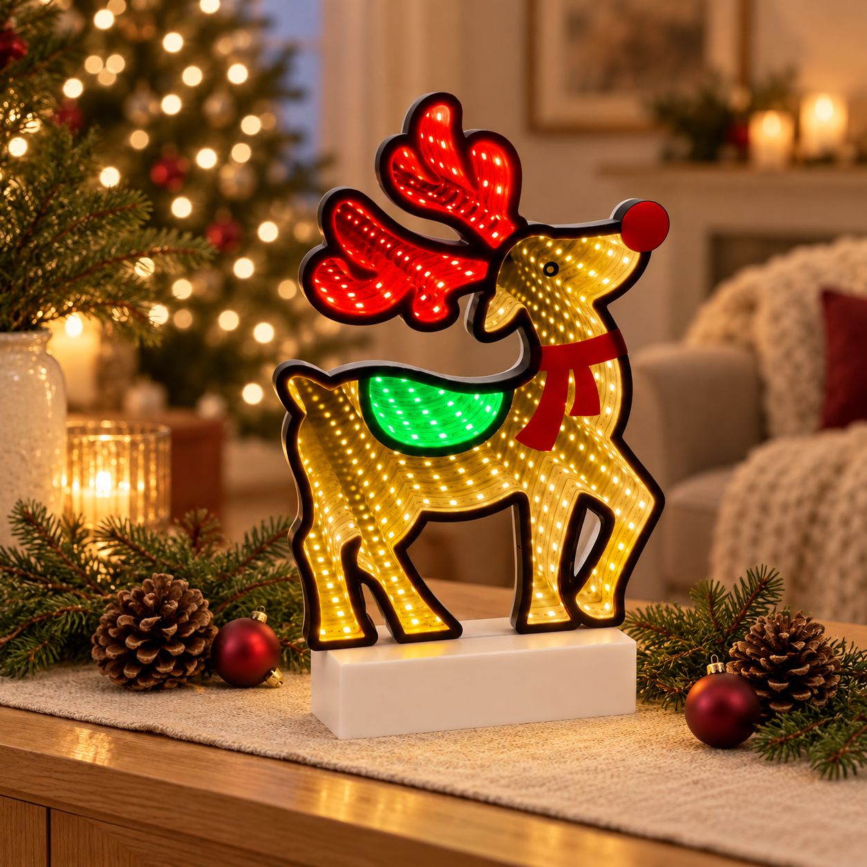 LED rénszarvas 3D tükörhatással, piros szarvval és sállal, 28 cm LED rénszarvas 3D tükörhatással, piros szarvval és sállal, 28 cm