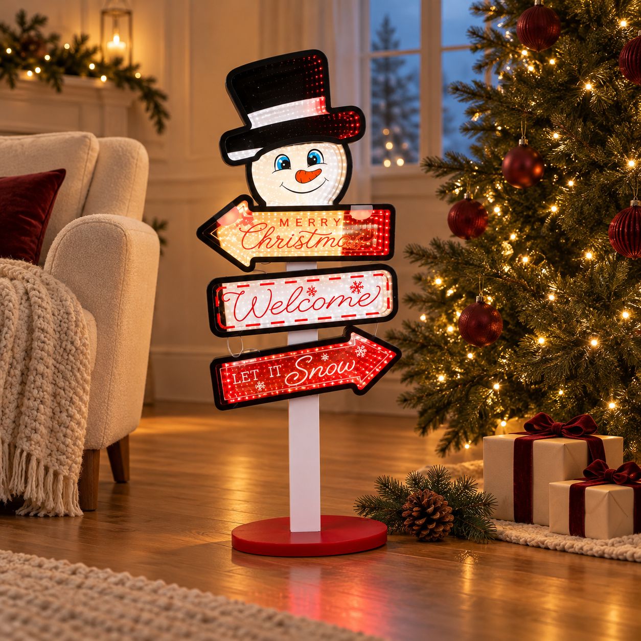 LED karácsonyi útjelző tábla hóemberrel, 3D tükörhatással, 86 cm LED karácsonyi útjelző tábla hóemberrel, 3D tükörhatással, 86 cm