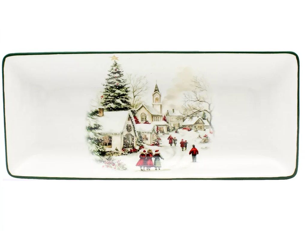 Karácsonyi kerámia tányér – Havas falu és templom, 28 × 12 cm Karácsonyi kerámia tányér – Havas falu és templom, 28 × 12 cm