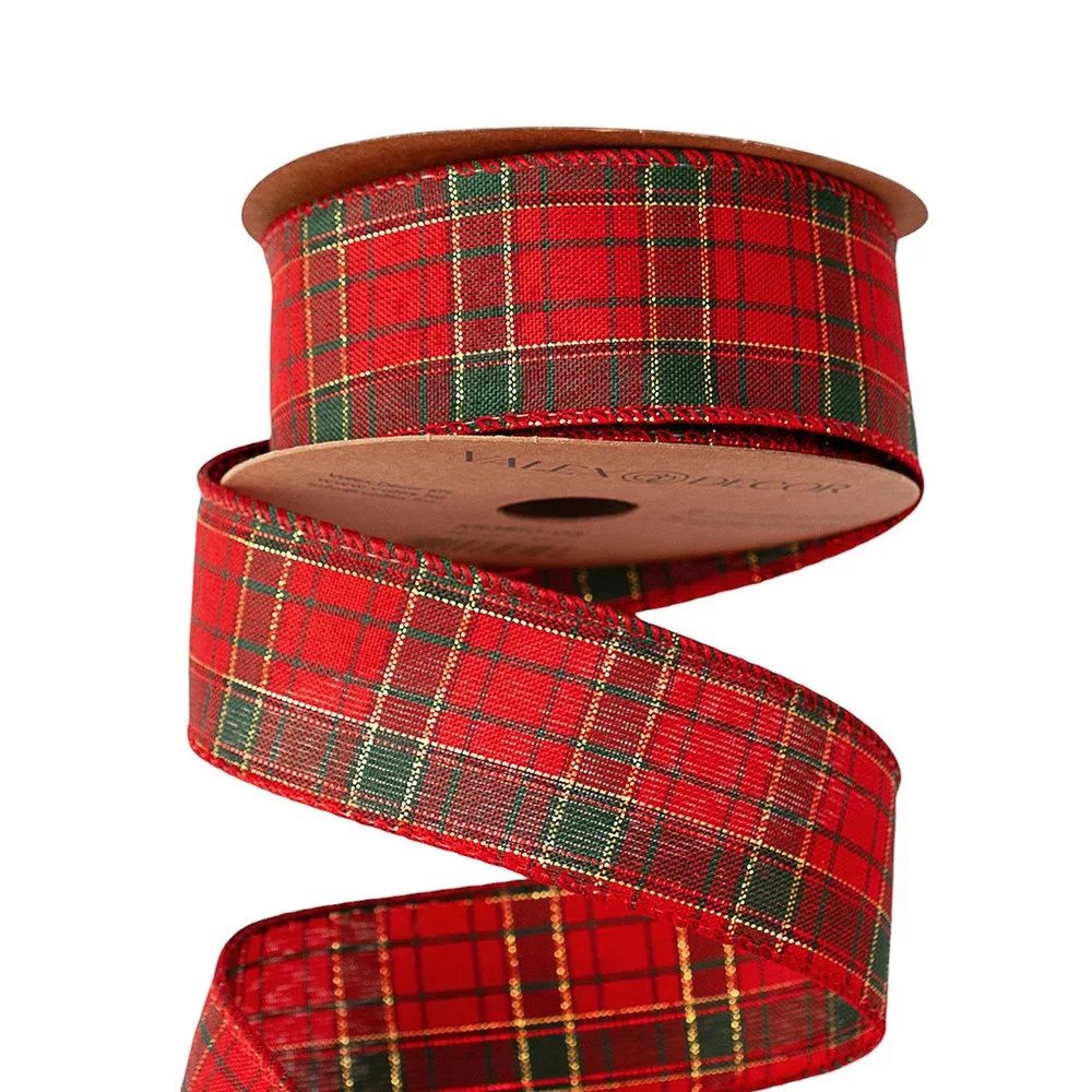 Kockás karácsonyi szalag drótos szegéllyel 38 mm × 10 m – piros–arany–sötétzöld Kockás karácsonyi szalag drótos szegéllyel 38 mm × 10 m – piros–arany–sötétzöld